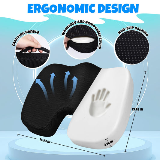 Ergonomic Seat Cushion with Memory Foam for Office Chair, Car Seat, Sciatica & Tailbone Relief, Non-Slip Cushion,Breathable Mesh Cover, Portable Handle - Black