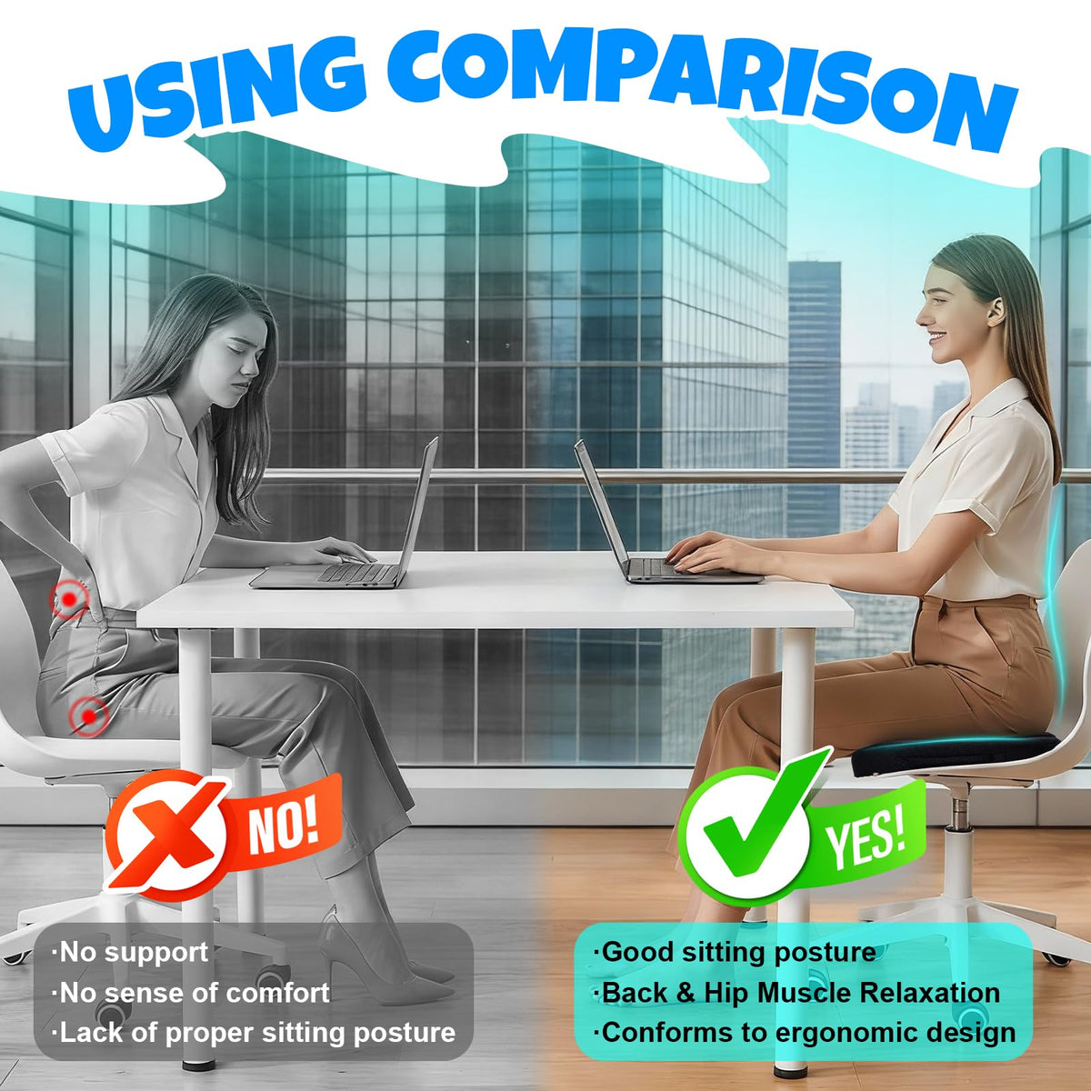 Ergonomic Seat Cushion with Memory Foam for Office Chair, Car Seat, Sciatica & Tailbone Relief, Non-Slip Cushion,Breathable Mesh Cover, Portable Handle - Black