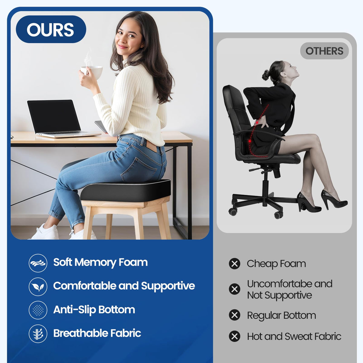 Memory Foam Seat Cushion, Office Chair Cushion, 3-Inch, Large - Recharge Pillows