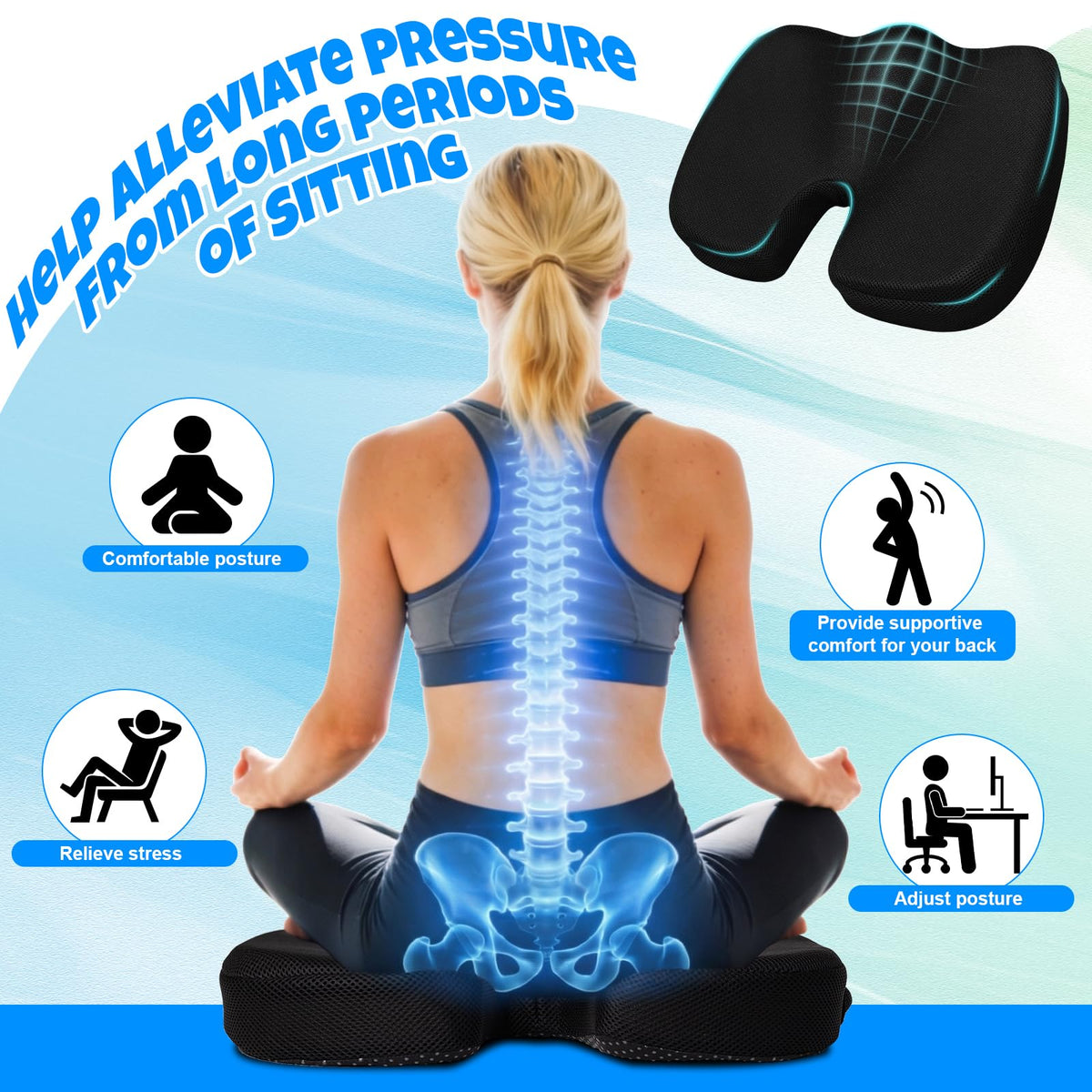 Ergonomic Seat Cushion with Memory Foam for Office Chair, Car Seat, Sciatica & Tailbone Relief, Non-Slip Cushion,Breathable Mesh Cover, Portable Handle - Black