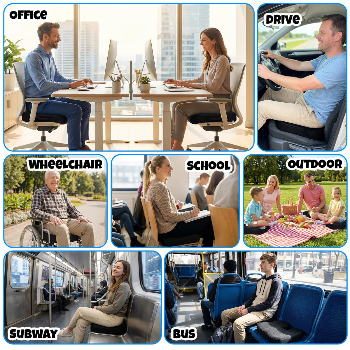 Ergonomic Seat Cushion with Memory Foam for Office Chair, Car Seat, Sciatica & Tailbone Relief, Non-Slip Cushion,Breathable Mesh Cover, Portable Handle - Black
