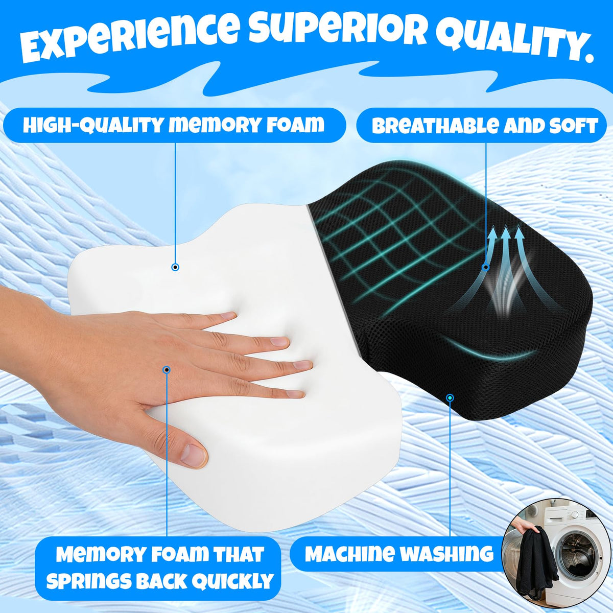 Ergonomic Seat Cushion with Memory Foam for Office Chair, Car Seat, Sciatica & Tailbone Relief, Non-Slip Cushion,Breathable Mesh Cover, Portable Handle - Black