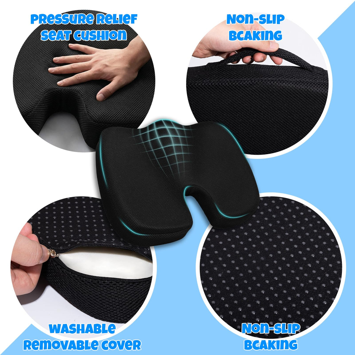 Ergonomic Seat Cushion with Memory Foam for Office Chair, Car Seat, Sciatica & Tailbone Relief, Non-Slip Cushion,Breathable Mesh Cover, Portable Handle - Black